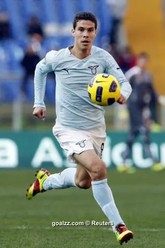 Lazio players cheer after scoring during the Italian Serie A